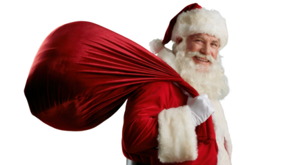 Smiling santa claus wearing red suit and hat carrying large red sack of gifts isolated on transparent background