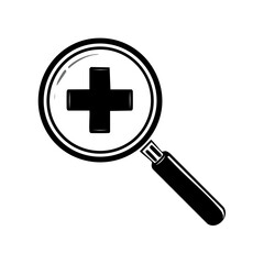 Obraz premium Magnifying glass inspecting a plus sign symbol for medical research and healthcare discovery