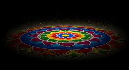 Obraz premium Vibrant Floral Rangoli Design with Glowing Diyas and Marigold Flowers, Celebrating the Festival of Lights.
