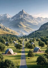 Futuristic Utopia: Remote Community in Geodesic Domes Glowing with Energy Flowers at Dusk