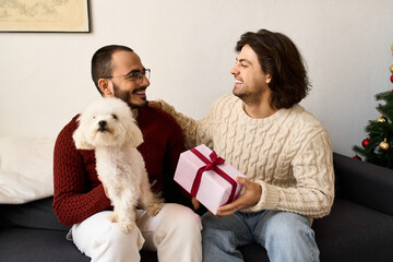 Joyful celebration of love at home with a wonderful gay couple and their adorable dog