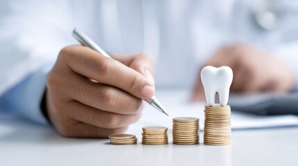 Dentist organizes financial records while focusing on dental practice growth with a tooth model and coins