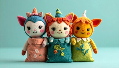 Three Adorable Handmade Felt Dolls with Whimsical Designs.
