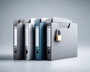 Secure Data Privacy Management Concept with Locked File Folders in Grey and Blue Tones on Left Side, Copy Space.
