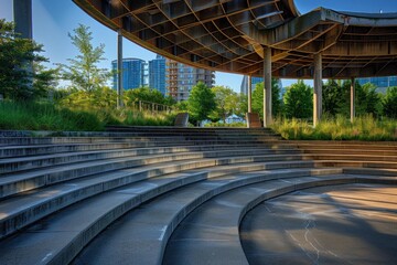 Concrete steps and metal canopy of a modern amphitheater in a city park, surrounded by green landscaping