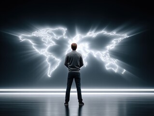 Futuristic Scientist Presenting Global Clean Energy Grid on Holographic Display in Dark Tech Room