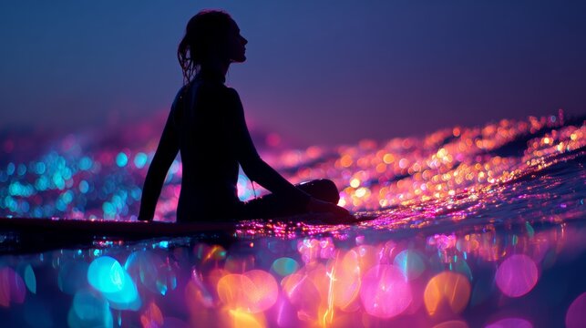 A silhouetted surfer sits on a board, surrounded by colorful reflections on the water, creating a dreamlike sunset scene.