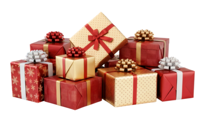 A generous pile of beautifully wrapped christmas presents in red and gold with festive ribbons isolated on transparent background