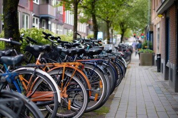 Obraz premium Numerous bicycles parked along a tree lined sidewalk in a residential neighborhood create a sustainable transportation scene