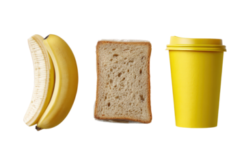 A sliced banana, a slice of bread, and a yellow coffee cup isolated on transparent background