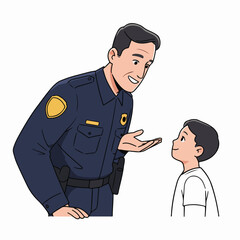 Friendly police officer engages in a positive conversation with a young boy, illustrating community policing and trust.