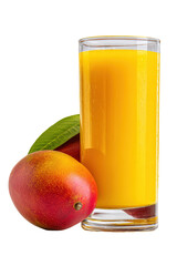 Fototapeta premium A glass of golden mango juice next to a ripe mango and a green leaf, isolated on a transparent background
