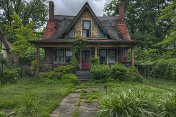 Fototapeta premium Quaint victorian house surrounded by a beautiful overgrown garden, showcasing the charm of nature reclaiming its space