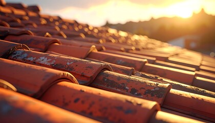 Terracotta roof tiles at sunset