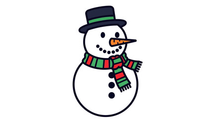 Happy snowman character in a winter hat and scarf, a cheerful Christmas vector illustration isolated on a white background for holiday design