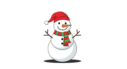 Delightful Cartoon Snowman Illustration with Festive Red Beanie and Green Striped Scarf, Bringing Winter Holiday Cheer and Playful Seasonal Charm