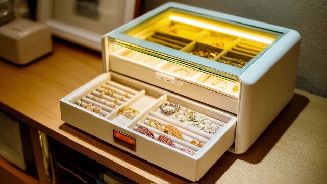 Smart jewelry box medium shot showcasing automated tracking technology glowing softly on primary storage section while secondary areas blur into the background.