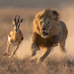 Lion and gazelle running in a dust cloud during a chase