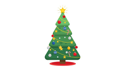 Brightly decorated Christmas tree illustration, adorned with colorful baubles, twinkling lights, and a golden star, perfect for festive holiday designs