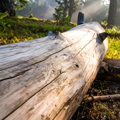 Fototapeta premium Fallen log in forest, sunlit