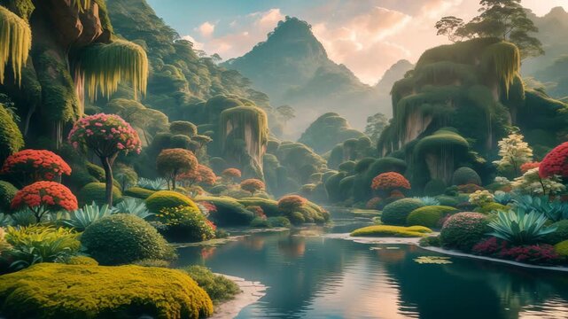 A Serene Journey Through a Mystical Botanical Landscape to a Flourishing Lake