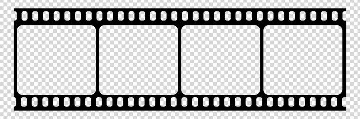 Old grunge movie film long strip, vintage filmstrip roll frame, vector photo background. Video or movie filmstrip overlay, cinema or photograph camera long film strip with transparent screen