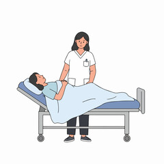 Nurse attending to a patient lying in a hospital bed, providing professional medical care and support in a healthcare setting.