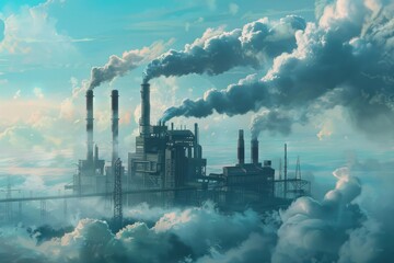 Fototapeta premium Smoke billowing from industrial chimneys above a blanket of clouds, symbolizing air pollution and environmental damage