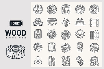 Set of Various Wood Related Vector Icons and Graphics White Background.
