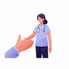 Healthcare professional, a female nurse or doctor, in scrubs with a stethoscope, shaking hands with a patient or colleague, symbolizing medical trust and welcome.