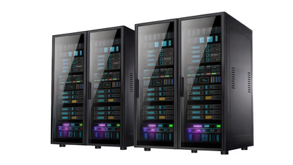 Four modern server racks with glowing lights and glass doors in a data center isolated on transparent background