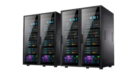 Four modern server racks with glowing lights and glass doors in a data center isolated on transparent background