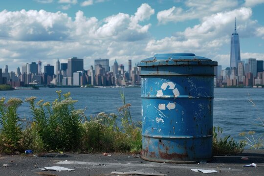 Rusty blue recycling bin stands in front of new york city skyline, symbolizing urban sustainability and waste management - Powered by Adobe