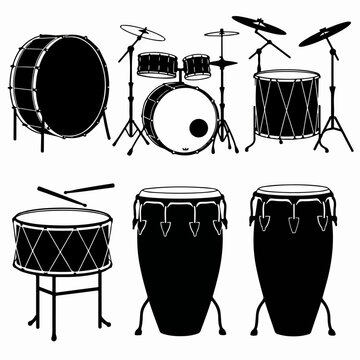 Collection of diverse drum and percussion instruments in black silhouette, including a full drum set, marching drum, and conga drums, for music and rhythm concepts.