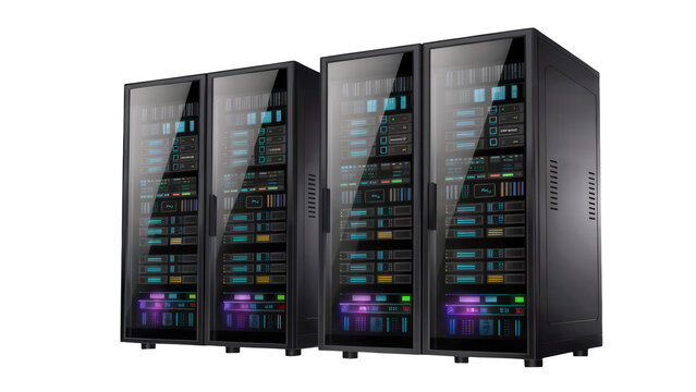Four modern server racks with glowing lights and glass doors in a data center isolated on transparent background