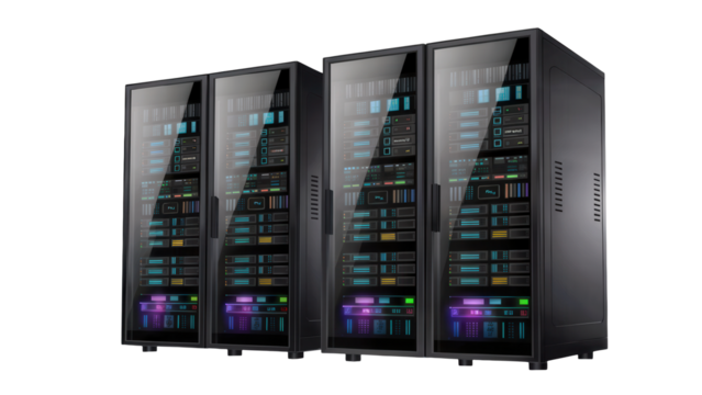 Four modern server racks with glowing lights and glass doors in a data center isolated on transparent background