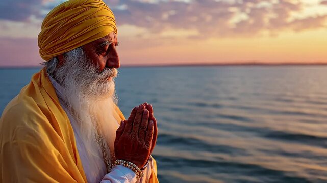 Elderly Man Meditating by Serene Ocean at Sunset