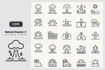 Set of Natural Disaster Icons Showing Catastrophic Environmental Events White Background.