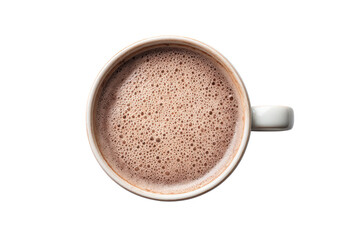 Top view of a mug filled with frothy hot chocolate, isolated on transparent background