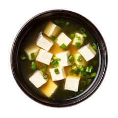 Miso soup bowl with tofu cubes, white isolated background