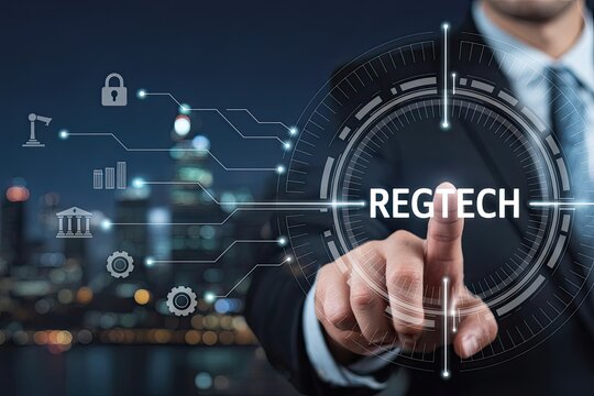 Futuristic business concept shows hand touching digital interface with regtech network integration