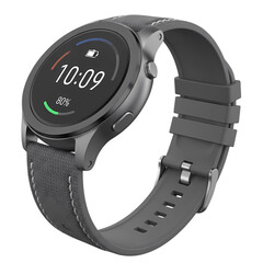 Sleek smartwatch with leather strap displaying time and battery percentage isolated on white background