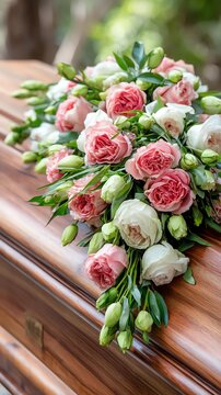 A beautiful floral arrangement featuring soft pink and white roses placed on a wooden casket, symbolizing love and remembrance in a serene environment.