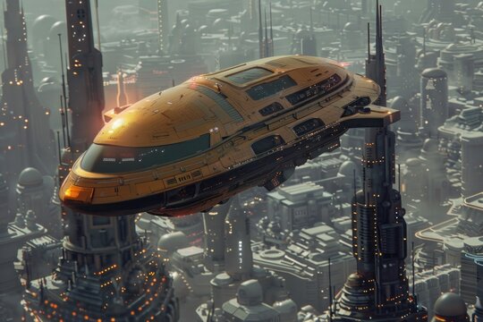 Yellow spaceship flying over futuristic city with skyscrapers and advanced technology, exploring urban environment