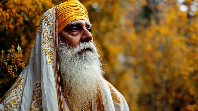 Elderly Man in Traditional Attire Amidst Autumn Foliage