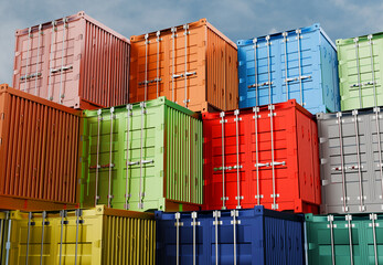 Fototapeta premium Stack of yellow green orange shipping containers box