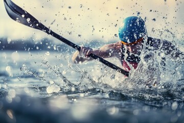 Naklejka premium Kayaker splashes through water while racing in a river during a sunny afternoon