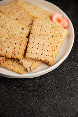 cracker whole grain healthy food durum wheat cookies tasty snack fresh delicious gourmet food background on the table rustic top view copy space