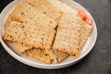 cracker whole grain healthy food durum wheat cookies tasty snack fresh delicious gourmet food background on the table rustic top view copy space
