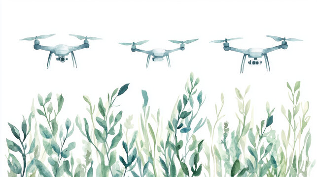 Three drones flying above green seaweed, releasing eco bacteria to combat ocean acidification, environmental technology concept
